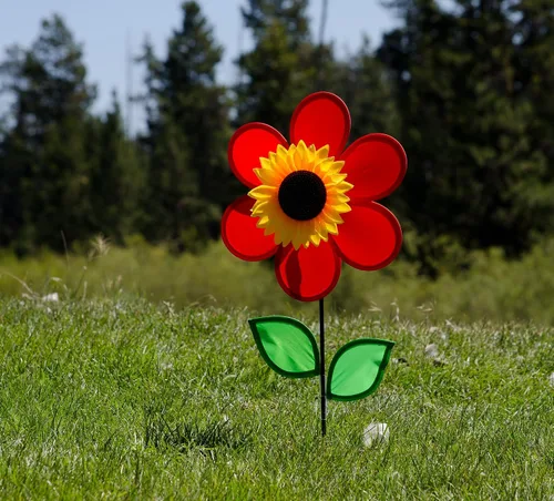 Miniatura 2 de Molinete con hojas de girasol púrpura "En la Briza" de 19 pulgadas. Incluye estaca para el suelo. Colorida flor para tu patio y jardín, 12", Rojo