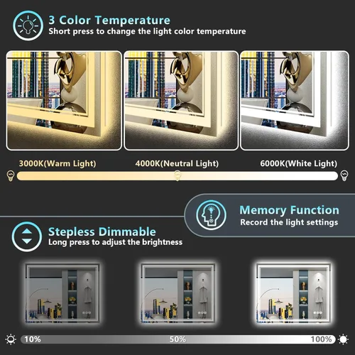 Miniatura 4 de 30x36 Espejo de baño LED con luces, retroiluminado y luz frontal, espejo de tocador iluminado antivaho para pared de baño, 3 colores, regulable