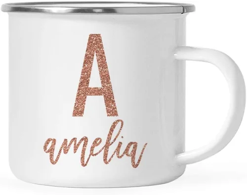 Andaz Press Taza de metal personalizada de 11 onzas para campamento, monograma de purpurina de oro rosa sintético, letra inicial personalizada y
