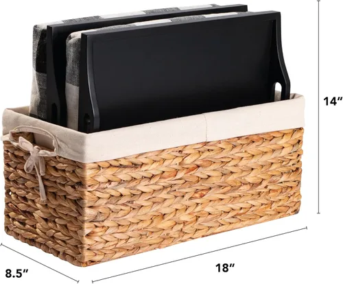 Miniatura 7 de ROSSIE HOME Bandeja de cama de madera de bambú, escritorio de regazo, juego de dos, con cesta de almacenamiento de jacinto, natural, para portátiles