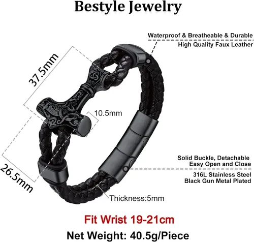 Miniatura 6 de Bestyle Pulseras vikingas trenzadas de cuero genuino para hombres y niños, estilo vintage, martillo de Thor, calavera, masón masónico, pulseras