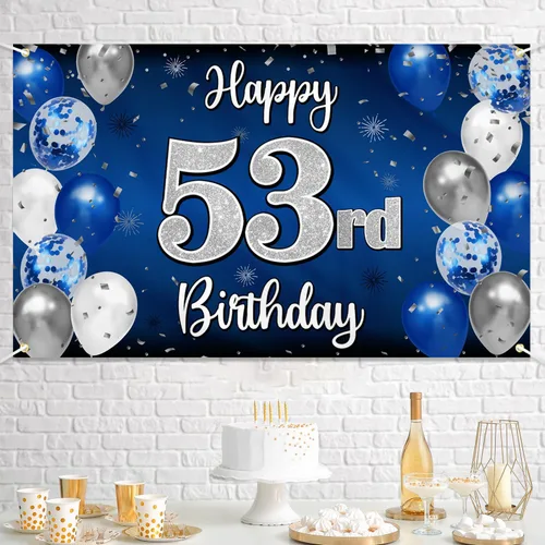 Miniatura 208 de Decoración de feliz cumpleaños 35, globo azul y plateado de 35 años, cartel grande de telón de fondo de cumpleaños, suministros para fiesta de 35th