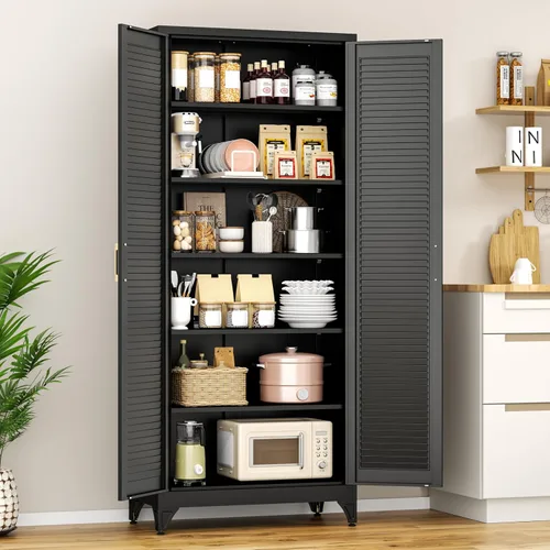 Miniatura 9 de Polup Armario de almacenamiento de metal de 75 pulgadas con puertas y estantes, gabinete de despensa de cocina negro, armario de almacenamiento alto