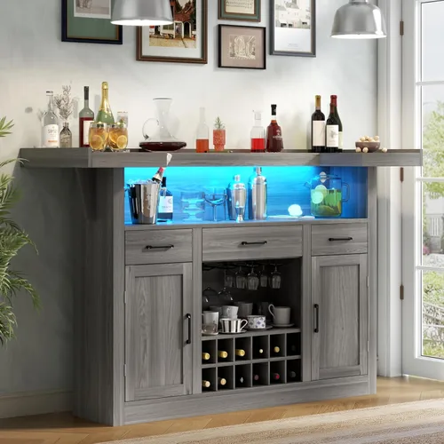 Miniatura 9 de Loomie Armario de mesa de bar con LED y 3 cajones, barra de licor con estantes de almacenamiento ajustables y soportes para copas, mostrador