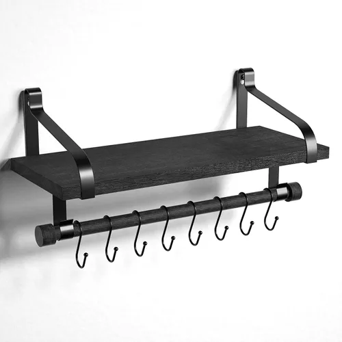 Love-KANKEI Estantería flotante de pared de madera rústica para almacenamiento, estante de especias de cocina con barra para toallas y 8 ganchos