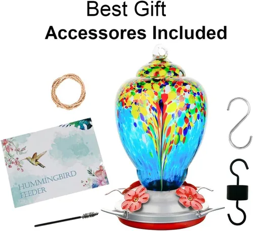 Miniatura 7 de WOSIBO Comedero para colibríes para exteriores, patio, grande, 32 onzas, comedero para colibríes de vidrio soplado a mano colorido con foso