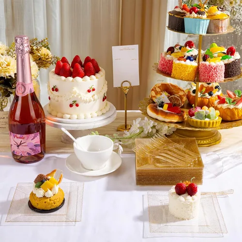 Miniatura 7 de DaYammi 200 platos de postre dorados, incluyendo 100 platos de aperitivo de 6 pulgadas, 100 tenedores de plástico de 5.7 pulgadas, platos cuadrados