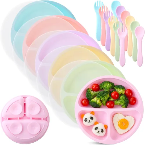 Miniatura 8 de Meanplan Paquete de 6 placas de succión para niños pequeños con tapas, juego de platos de silicona de grado alimenticio, diseño dividido, apto