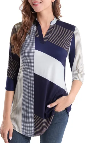 Miniatura 3 de Baishenggt - Blusa para mujer, con manga34, estampado floral, cuello en V con muesca, tipo túnica