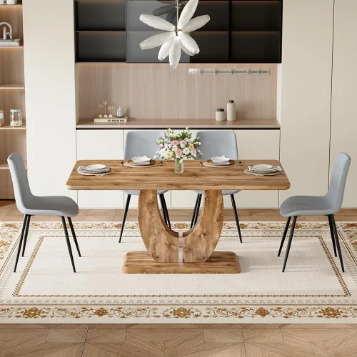 Miniatura 22 de Juego de mesa de comedor moderno para 4, mesa de cocina de madera de 63 pulgadas con 4 sillas tapizadas de gamuza de tela, estilo granja con parte