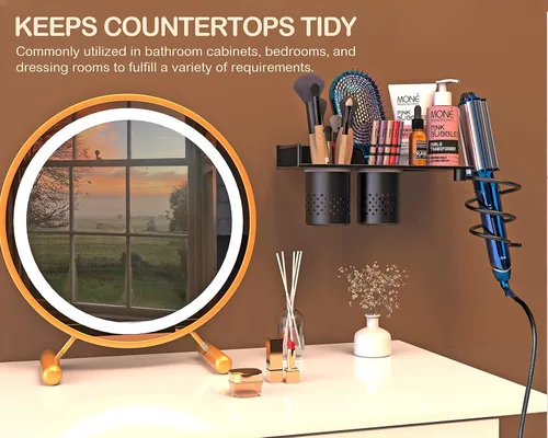 Miniatura 4 de MyLifeUNIT Soporte para secador de pelo, organizador de secadora de pelo montado en la pared con 2 tazas, estante de herramientas de peinado de baño