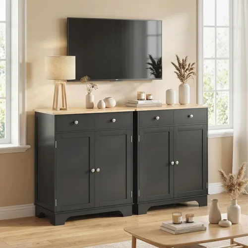 Miniatura 8 de HOMCOM Aparador de buffet con encimera de madera maciza, gabinete de almacenamiento de cocina moderno, gabinete de barra de café con 2 cajones, Negro