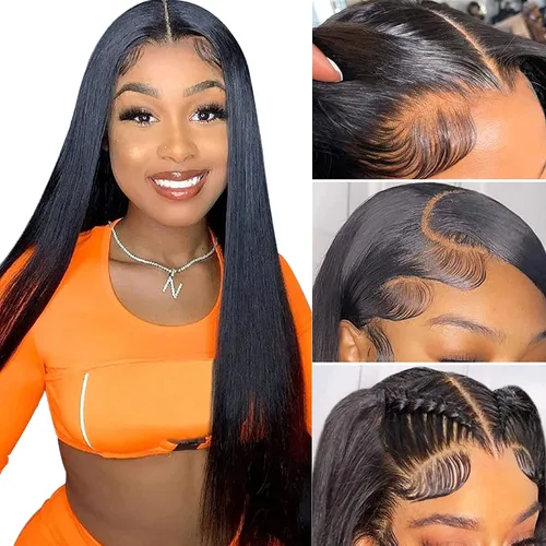 Miniatura 23 de mengkai Pelucas de cabello humano de 32 pulgadas con encaje frontal de 13x6, cabello humano predesplumado liso, peluca frontal de encaje HD