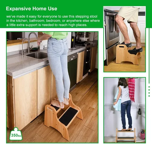 Miniatura 2 de StrongTek Paquete de 2 taburetes de madera de 2 escalones para niños y adultos, superficie antideslizante, almohadillas antideslizantes para pies