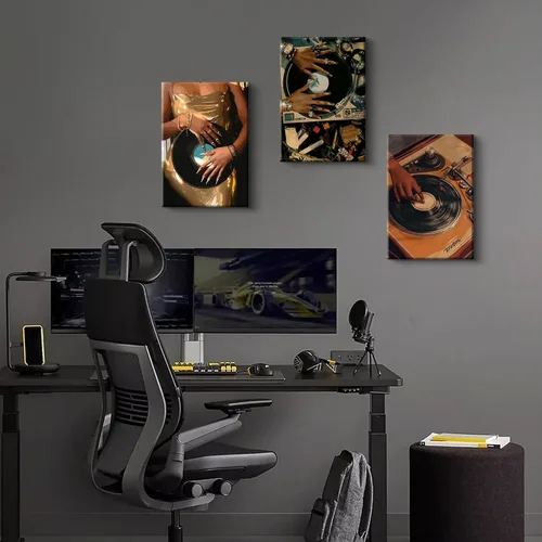 Miniatura 6 de QWETYY666 3 piezas de arte de pared en lienzo de mujer afroamericana, decoración de pared de personas negras funky negras, pinturas musicales