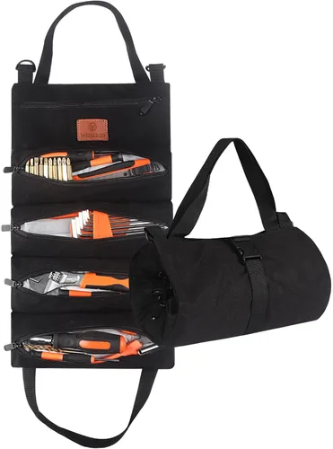 Bolsa de herramientas enrollable Wessleco, bolsa de llaves de lona de 16OZ enrollable multiusos, organizador de herramientas enrollables, 5 Negro