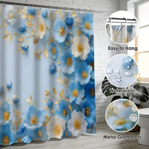 Miniatura 3 de DDQQ Juego de cortinas de ducha florales azules y blancas con flores dulces pintadas con alfombras, juego de cortina de ducha de baño de primavera