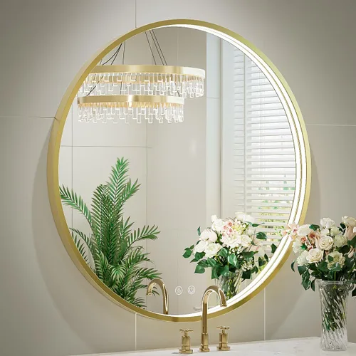 Miniatura 10 de Espejo de baño LED redondo de 36 pulgadas, espejo de tocador antivaho regulable con control táctil, luz natural de 6000 K, marco de metal negro