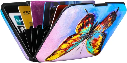 Miniatura 257 de ELFISH Mini cartera de aluminio RFID para tarjetas de crédito, funda de identificación de metal para hombres y mujeres, Happy Flower, Cartera Rfid
