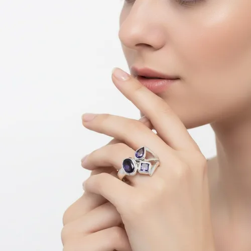 Miniatura 5 de 55Carat Anillo de iolita de plata con forma mixta de piedras preciosas naturales para mujer, talla 5, 6, 7, 8, 9, 10, 11, 12, 13 de EE. UU