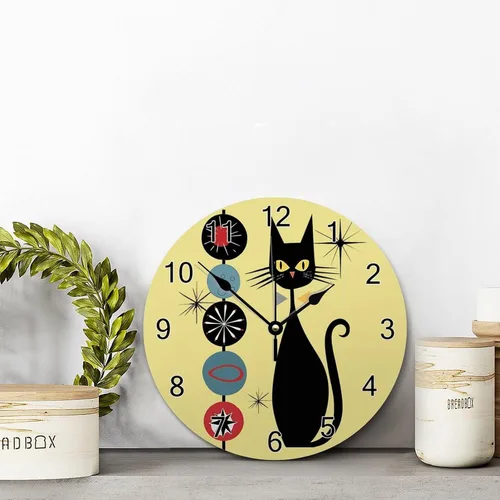 Miniatura 5 de ArogGeld Reloj de pared de gato genial, reloj de madera moderno de mediados de siglo, 10 silencioso, sin tictac, de cuarzo, funciona