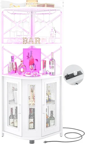 Miniatura 10 de Aheaplus Gabinete Bar de Esquina con Toma de Corriente, Gabinete de Vino Industrial con Tira LED y Portavasos, Gabinetes de Licores de 5 Niveles