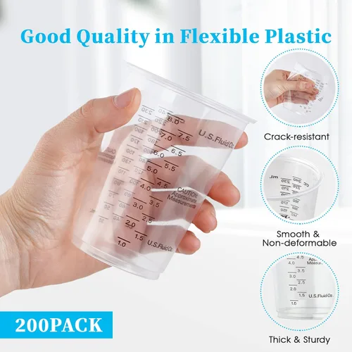 Miniatura 2 de Paquete de 200 vasos medidores de plástico, vasos desechables de 8 onzas con 100 varillas de mezcla de madera, se pueden utilizar para resina epoxi