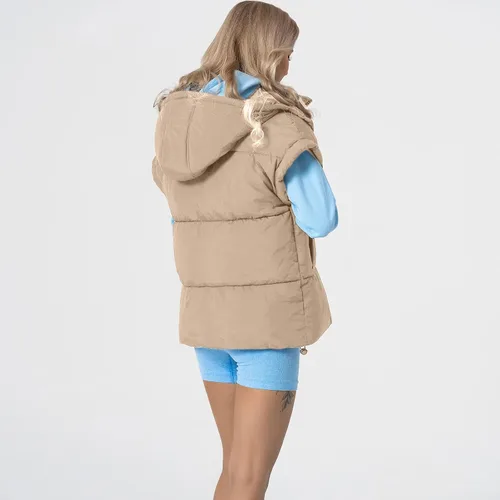 Miniatura 40 de Shiyifa Chaleco acolchado para mujer, chaqueta de gran tamaño, sin mangas, ligera, con cremallera, con capucha desmontable