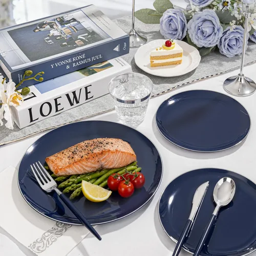 Miniatura 7 de KIRE 175 platos de plástico azul con borde plateado y cubiertos desechables con mango azul y tazas de borde plateado, servilleta de mano y vajilla