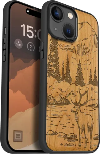 Carveit Funda magnética de madera para iPhone 15, compatible con cargadores inalámbricos MagSafe, funda negra de TPU suave a prueba de golpes y