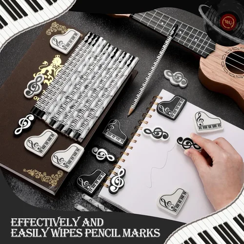 Miniatura 7 de 96 lápices de música, lápices de notas musicales y borradores, regalos de recital de piano, borradores de teclado de piano de madera, recuerdos
