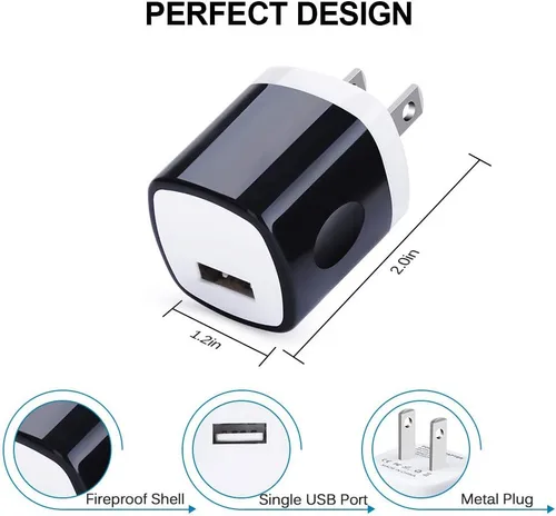 Miniatura 5 de UorMe - Adaptador de pared, paquete de 10 unidades, cargador de un solo puerto de 1A, 5 V, enchufe USB, caja de bloque de carga, compatible con Negro