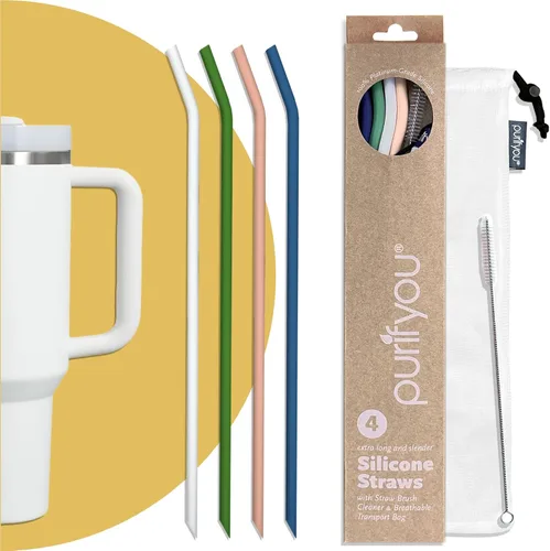 Miniatura 10 de purifyou Pajitas de silicona reutilizables extralargas de 14.5 pulgadas con puntas flexibles, cepillo de limpieza y funda portátil, se adapta a