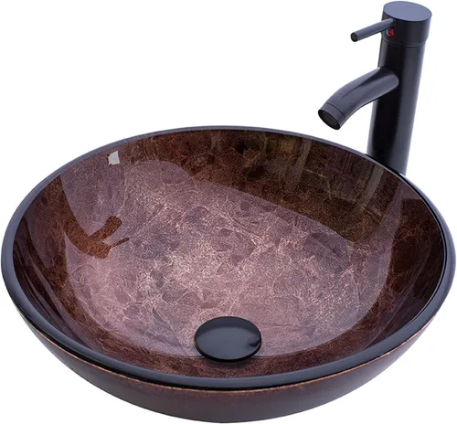 Lavabo de Recipiente para Baño de 16.5" Lavabos de Recipiente de Vidrio Templado Marrón Lavabo de Arte Cuenco Redondo con Combo de Grifo Marrón,