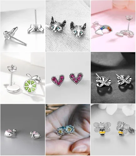 Miniatura 8 de Juego de 20 pares de aretes de ópalo de acero inoxidable para mujeres y niñas, animales arco iris, mariquita, abeja, mariposa, gato, serpiente
