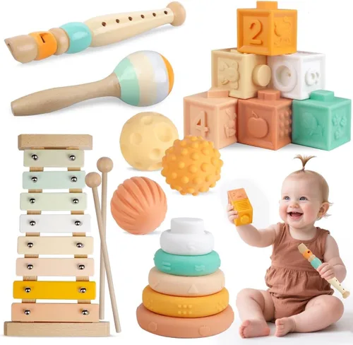 Meytccve Juguetes para Bebés Juguetes Montessori para Bebés, Juguete de Instrumentos Musicales de Madera Bloques de Construcción Apilables, Juguetes