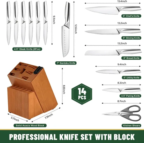 Miniatura 2 de Juego de cuchillos, EWFEN - Juego de 14 piezas de cuchillos de cocina con bloque, cuchillos de acero inoxidable alemán con afilador de cuchillos