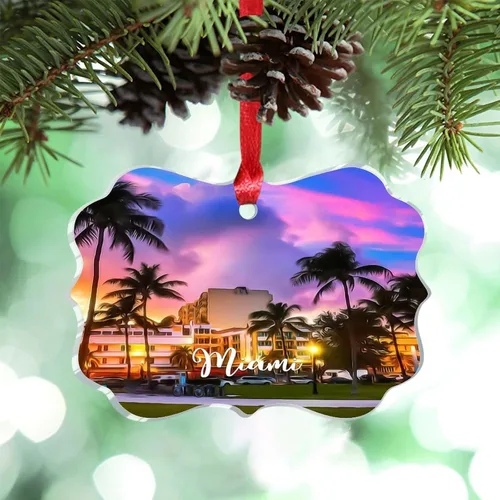 Florida USA - Adornos de Navidad acrílicos de Miami, paisaje urbano, decoraciones de Navidad para árbol de viaje, recuerdo, adornos de Navidad