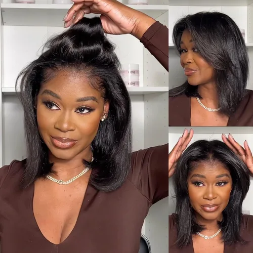Miniatura 2 de Julia Hair Peluca Bob Recta Yaki Ligera de 10 Pulgadas 100% Cabello Humano Sin Pegamento Bye Bye Knots Encaje HD 7x5 Precortada Despuntada Peluca