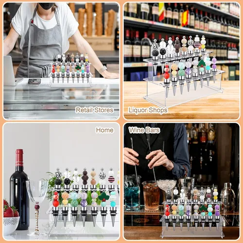 Miniatura 6 de Menkxi 2 tapones para botellas de vino, escaleras, 16 ranuras, acrílico transparente, 2 niveles, soporte para tapón de vino, soporte de exhibición
