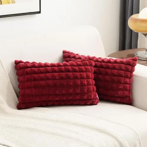 Miniatura 20 de FUTEI Juego de 2 fundas de almohada decorativas burdeos de 22 x 22 pulgadas, fundas de cojín cuadradas color rojo vino, a cuadros de piel sintética
