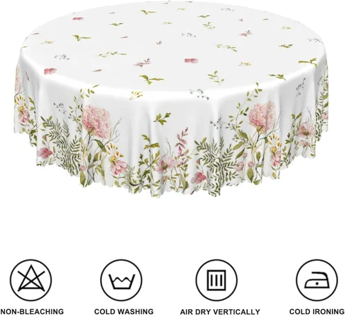 Miniatura 6 de Mantel redondo floral de primavera y verano de 48 pulgadas, diseño de flores rosas en acuarela, plantas botánicas, mantel decorativo de tela lavable