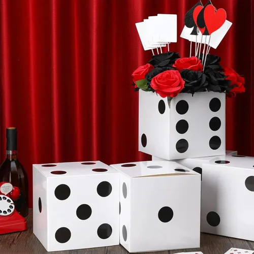 Miniatura 6 de Tinlade 6 cajas de dados de 11 pulgadas Jumbo Vegas Casino Decoración de fiesta temática Big Vegas Decoración gigante de mesa dados de cartón, Blanco