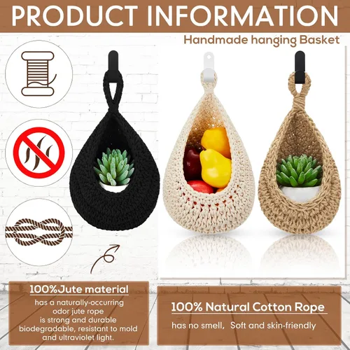 Miniatura 4 de Honeydak Cestas colgantes de pared bohemias para cocina, paquete de 3 cestas de lágrima con ganchos, almacenamiento de frutas, cebollas, verduras