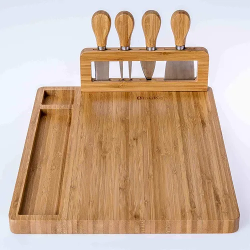 Miniatura 8 de Juego de tabla de queso de bambú y cuchillos de 14 x 11 pulgadas – Tabla de cortar queso de madera, bandeja de servir, juego de tabla de embutidos