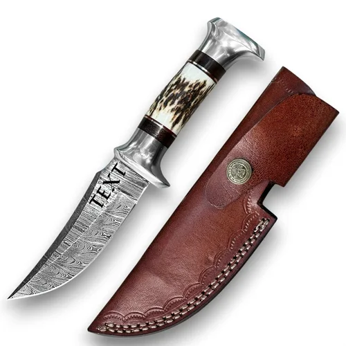 Cuchillo de caza de Damasco con funda de cuero, cuchillos de caza de hoja fija para hombres con mango de asta de ciervo - Cuchillos de regalo para
