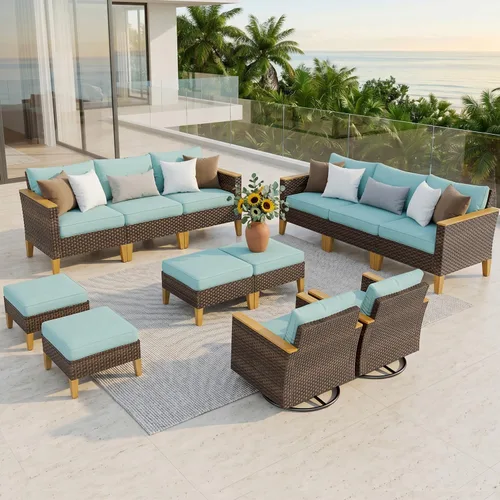 Miniatura 17 de PHI VILLA Otomana de mimbre para patio, 2 piezas, asiento otomano de mimbre para todo tipo de clima, reposapiés para exteriores con cojines