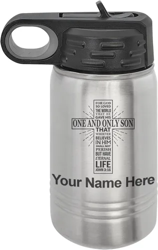Miniatura 42 de LaserGram Botella de agua personalizada, versículo bíblico John 3-16, acero inoxidable de doble pared aislada al vacío con popote superior, regalo