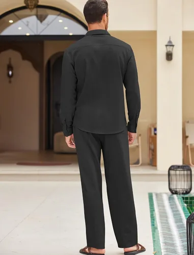 Miniatura 3 de COOFANDY Conjunto de 2 piezas de lino para hombre, camisa de manga larga con botones y pantalones sueltos, conjuntos de vacaciones en la playa