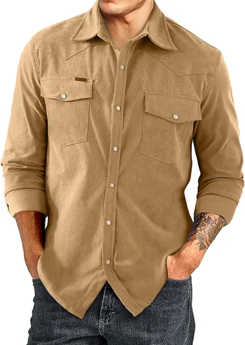 JMIERR Camisas de pana para hombre, estilo occidental, de manga larga, con botones, ligeras, con 2 bolsillos con solapa